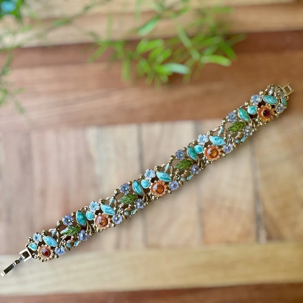 VTG Liz Claiborne Bracelet 7 Inch Jewelry Floral Bee Enamel Wide Multi Color New